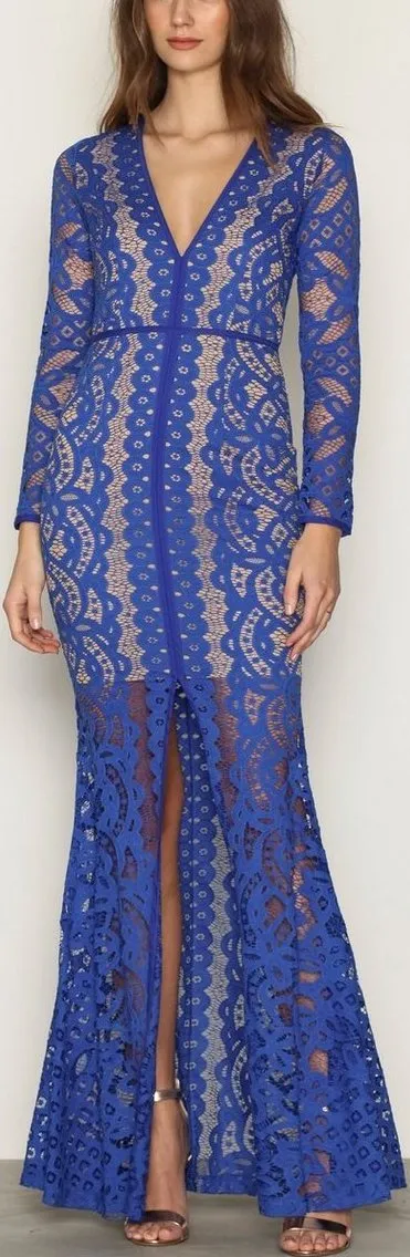 Long Blue Split-Hem Lace Maxi Dress