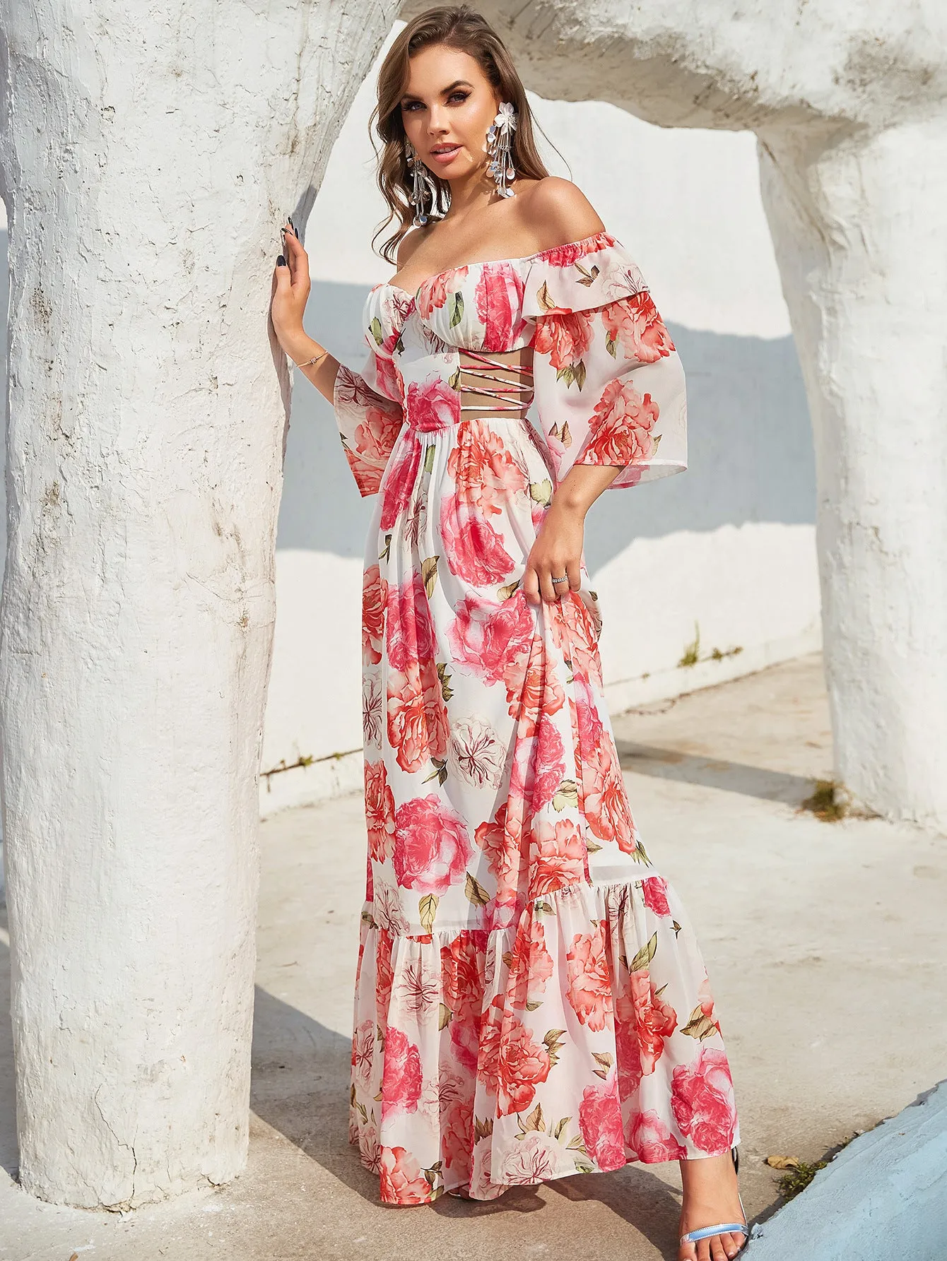 Long Sleeve Cutout Printed Maxi Dress