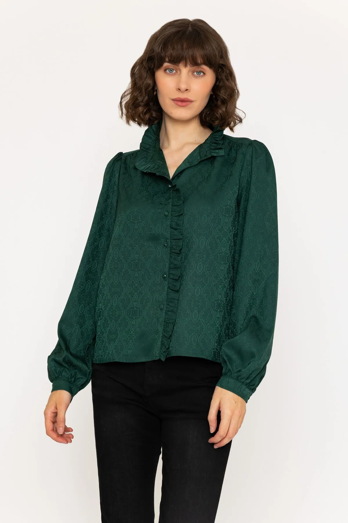 Long Sleeve Jacquard Satin Blouse in Green