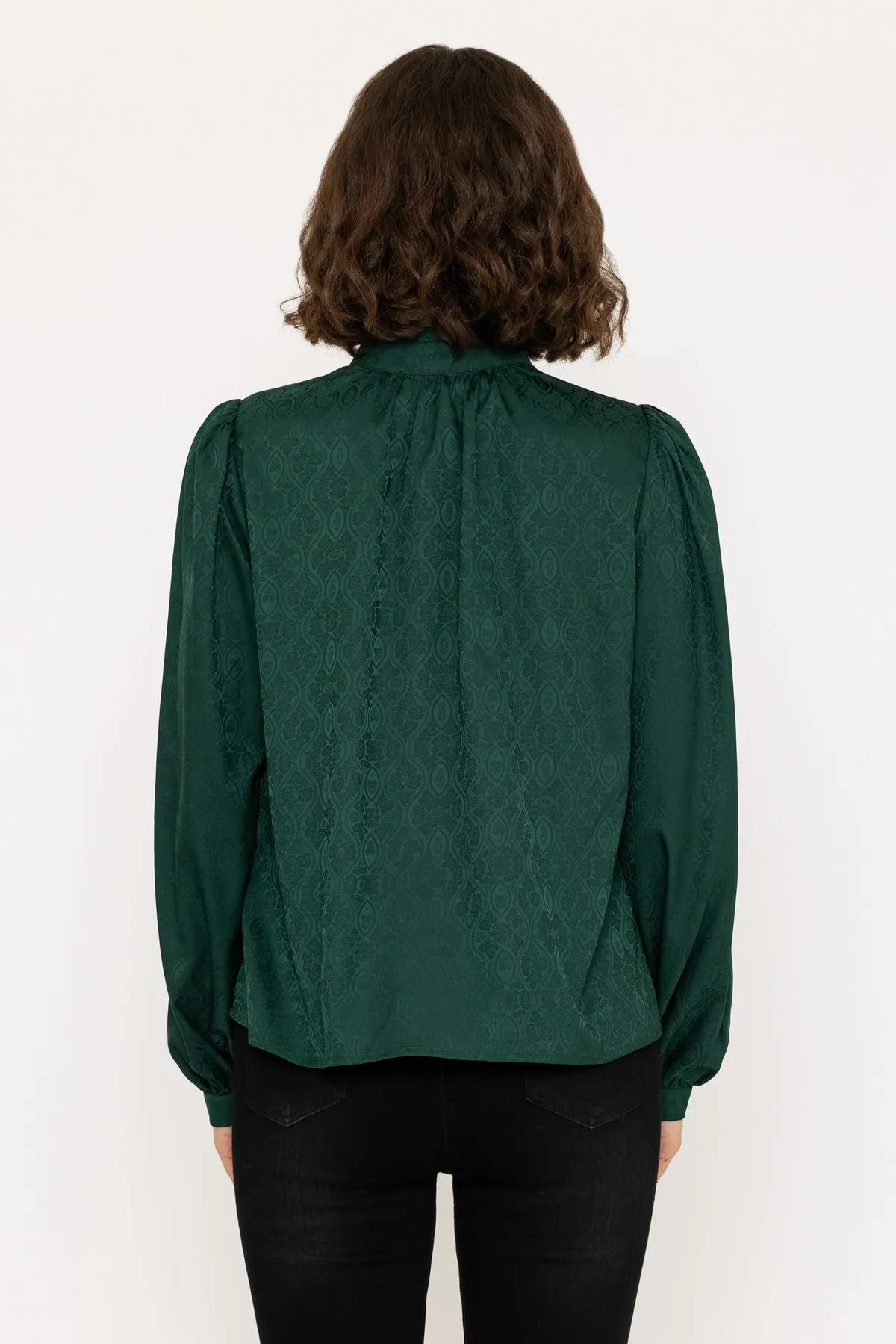 Long Sleeve Jacquard Satin Blouse in Green