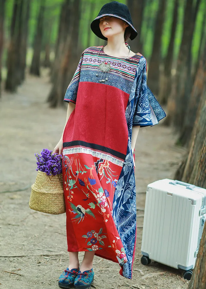 Loose Red Print Pockets Patchwork Cotton Maxi Dresses Half Sleeve KK096