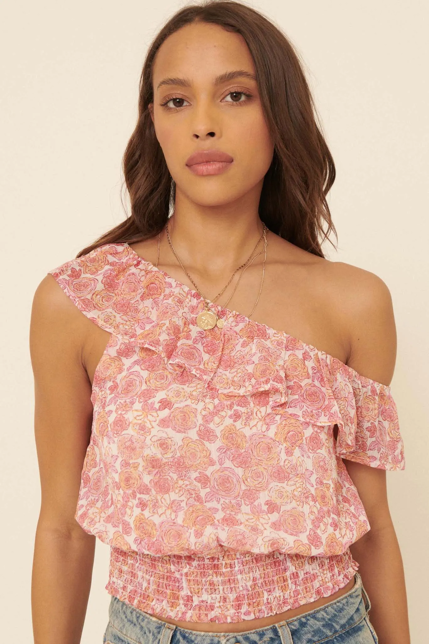 Magic Melody One-Shoulder Floral Crop Top