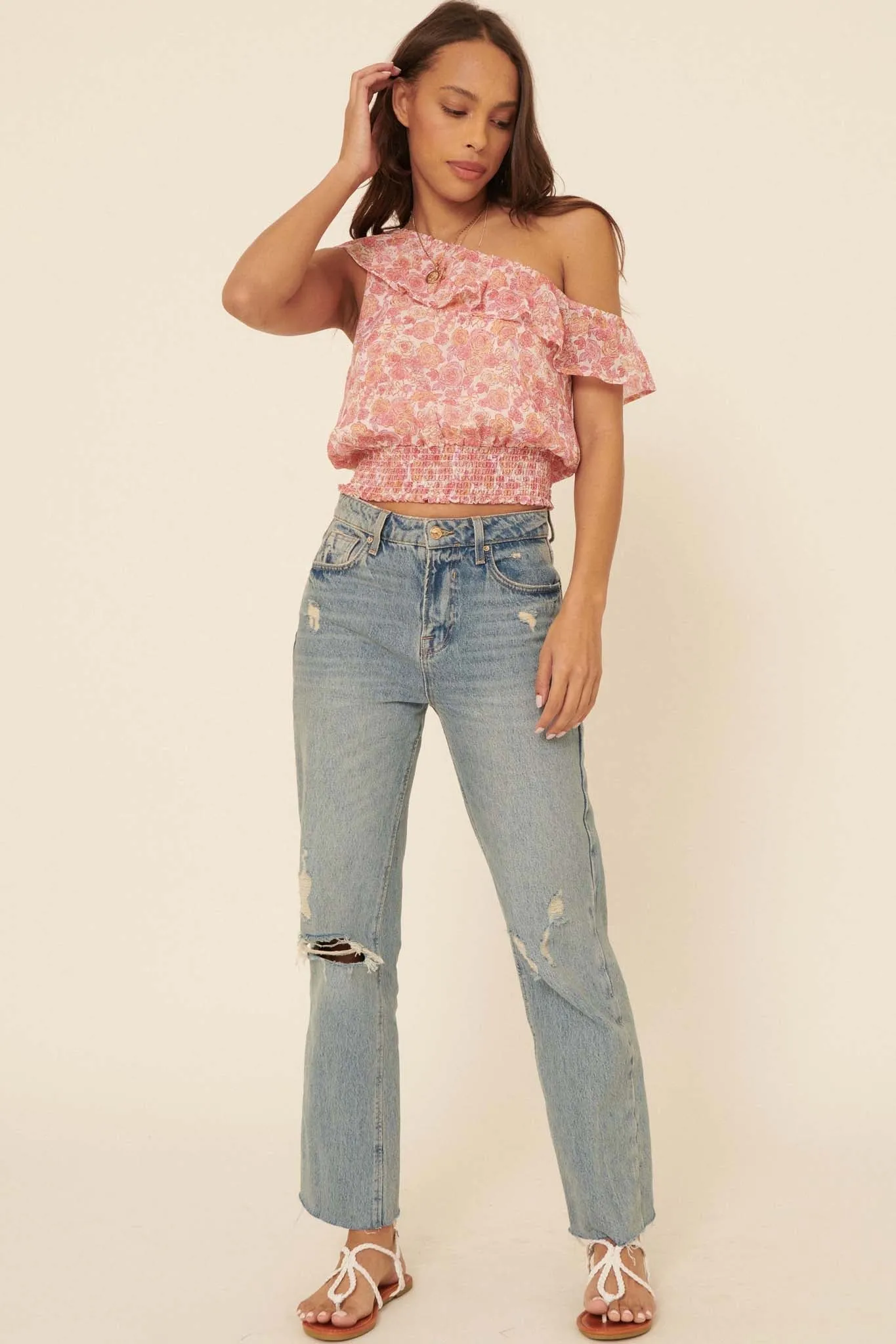 Magic Melody One-Shoulder Floral Crop Top