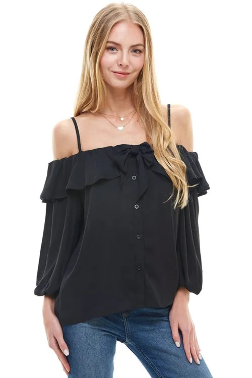 Off Shoulder Ruffle Detail Long Sleeve Blouse