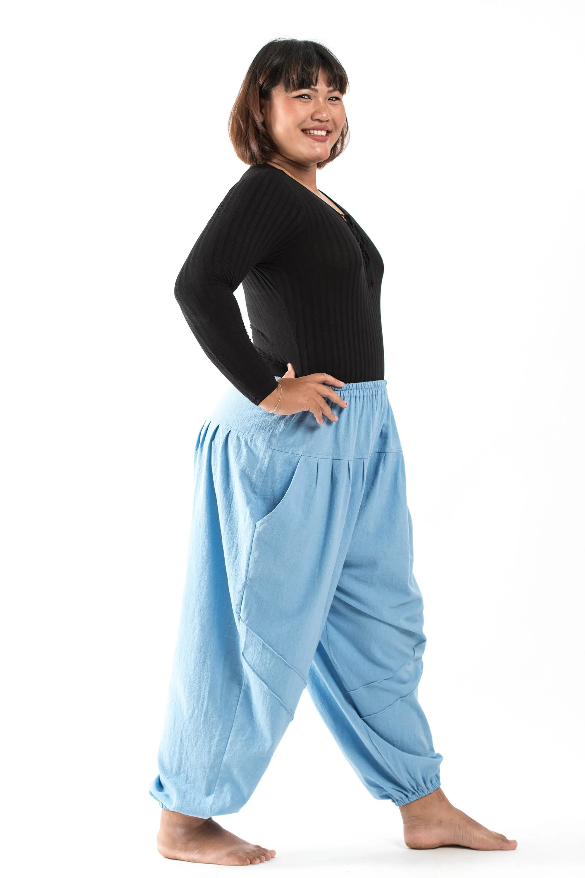 Plus Size Unisex Genie Cotton Harem Pants in Light Blue