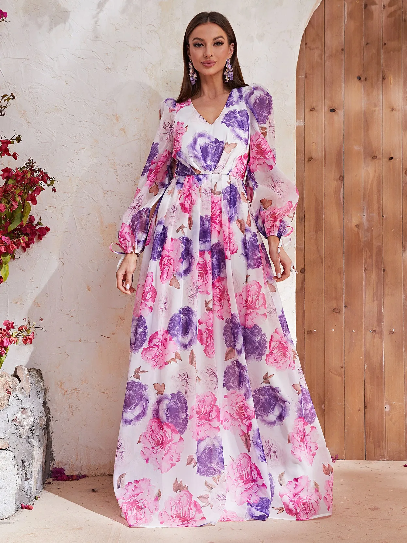 Printed Chiffon V Neck Long Sleeve Dress