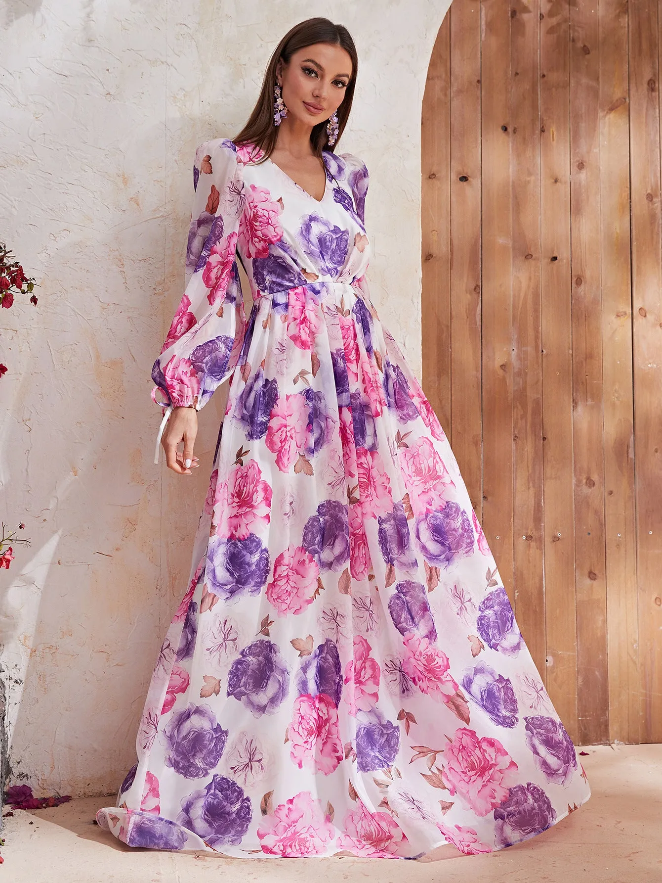 Printed Chiffon V Neck Long Sleeve Dress