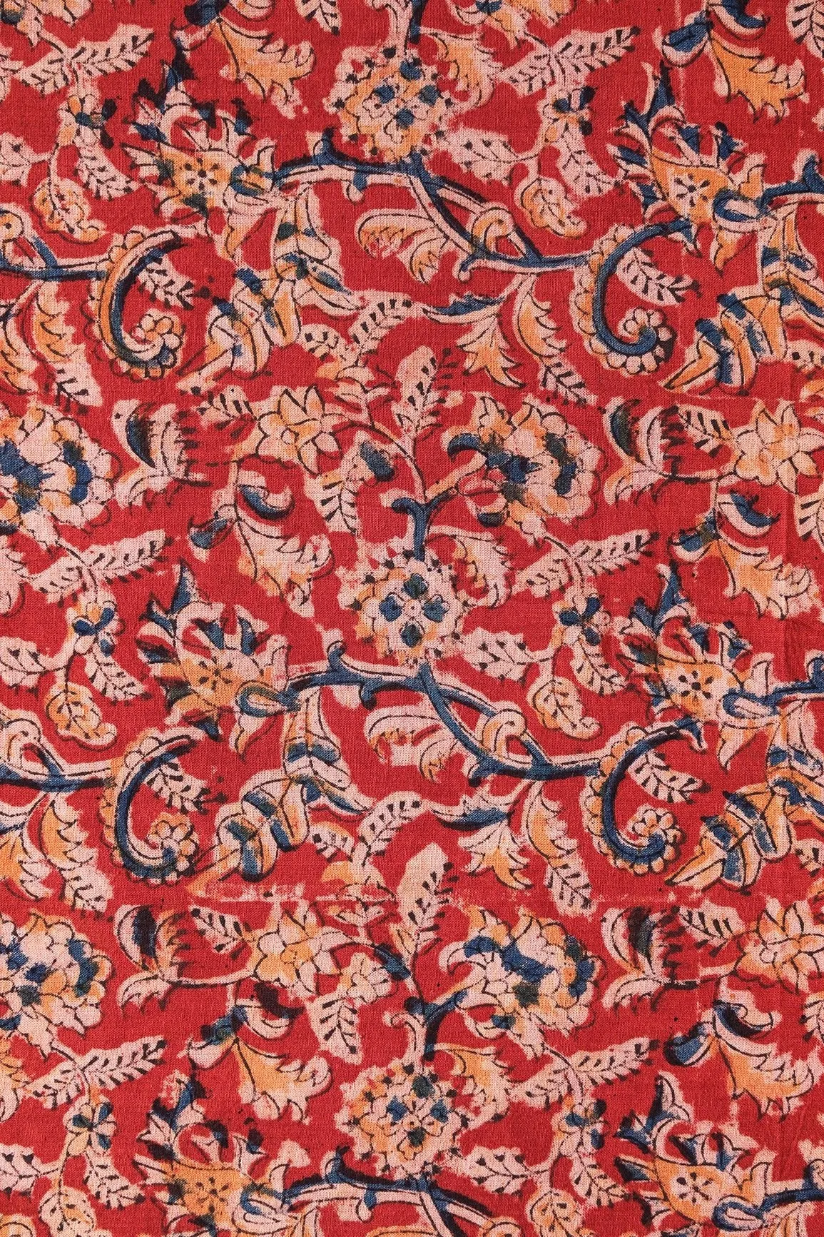 Red And Light Beige Paisley Pattern Handblock Kalamkari Organic Cotton Fabric