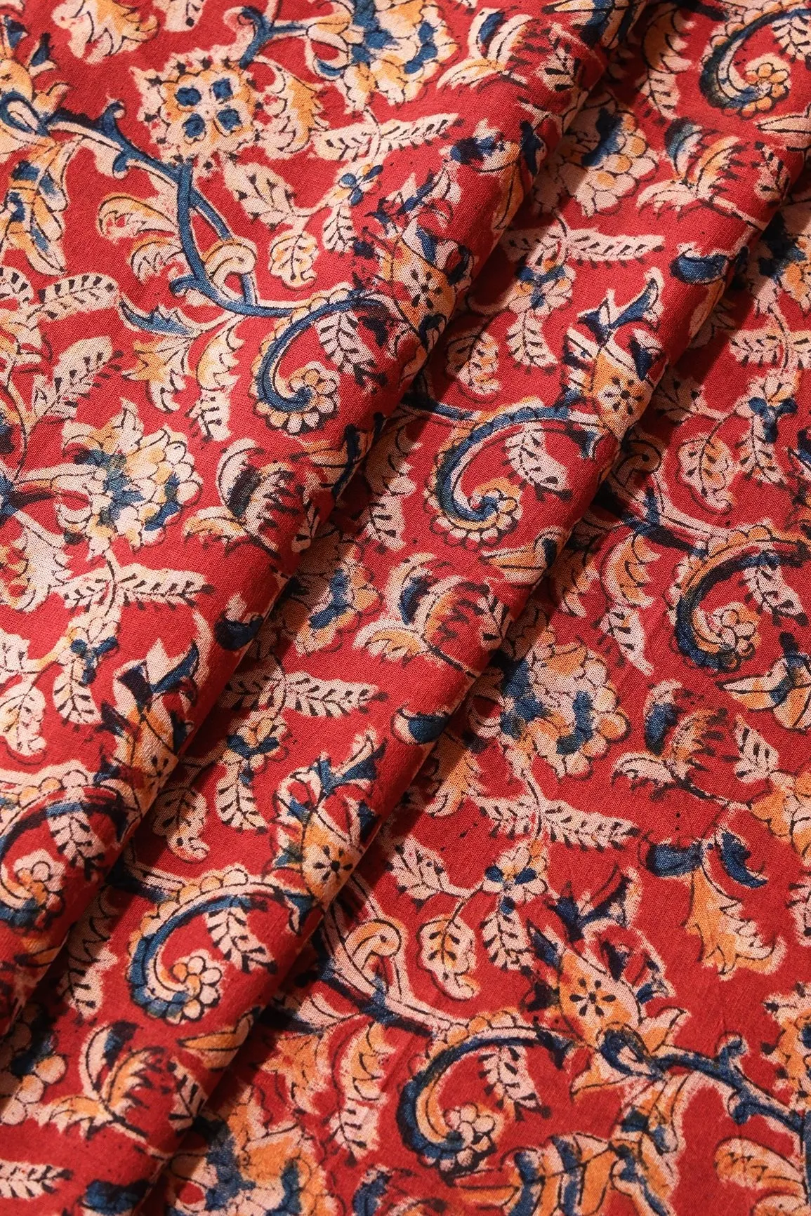 Red And Light Beige Paisley Pattern Handblock Kalamkari Organic Cotton Fabric