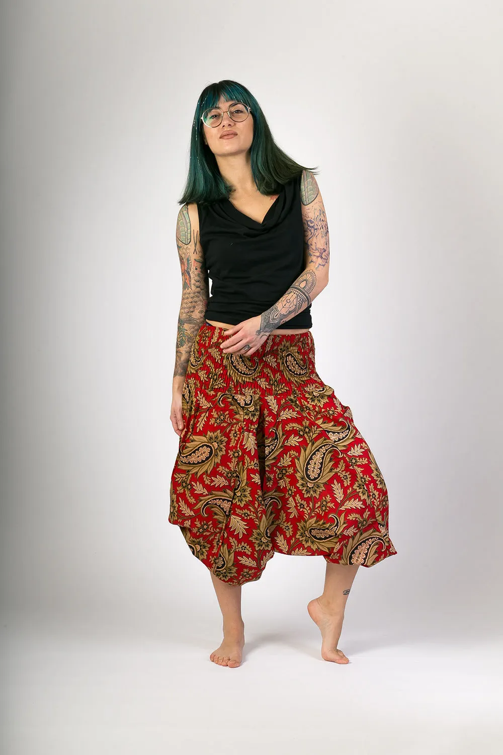 Red Floral Print Cotton Harem Yoga Jumpsuit Pants