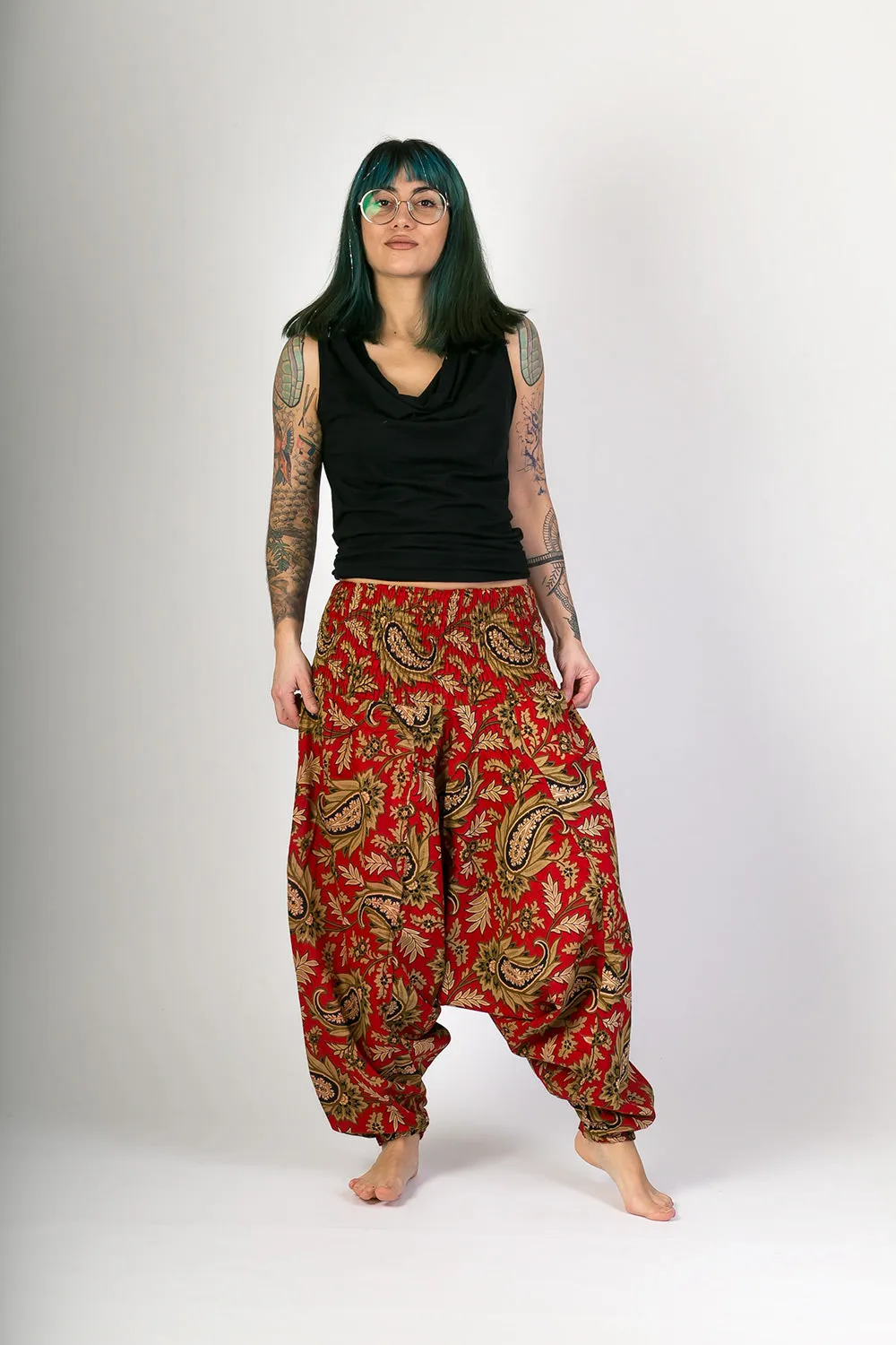 Red Floral Print Cotton Harem Yoga Jumpsuit Pants