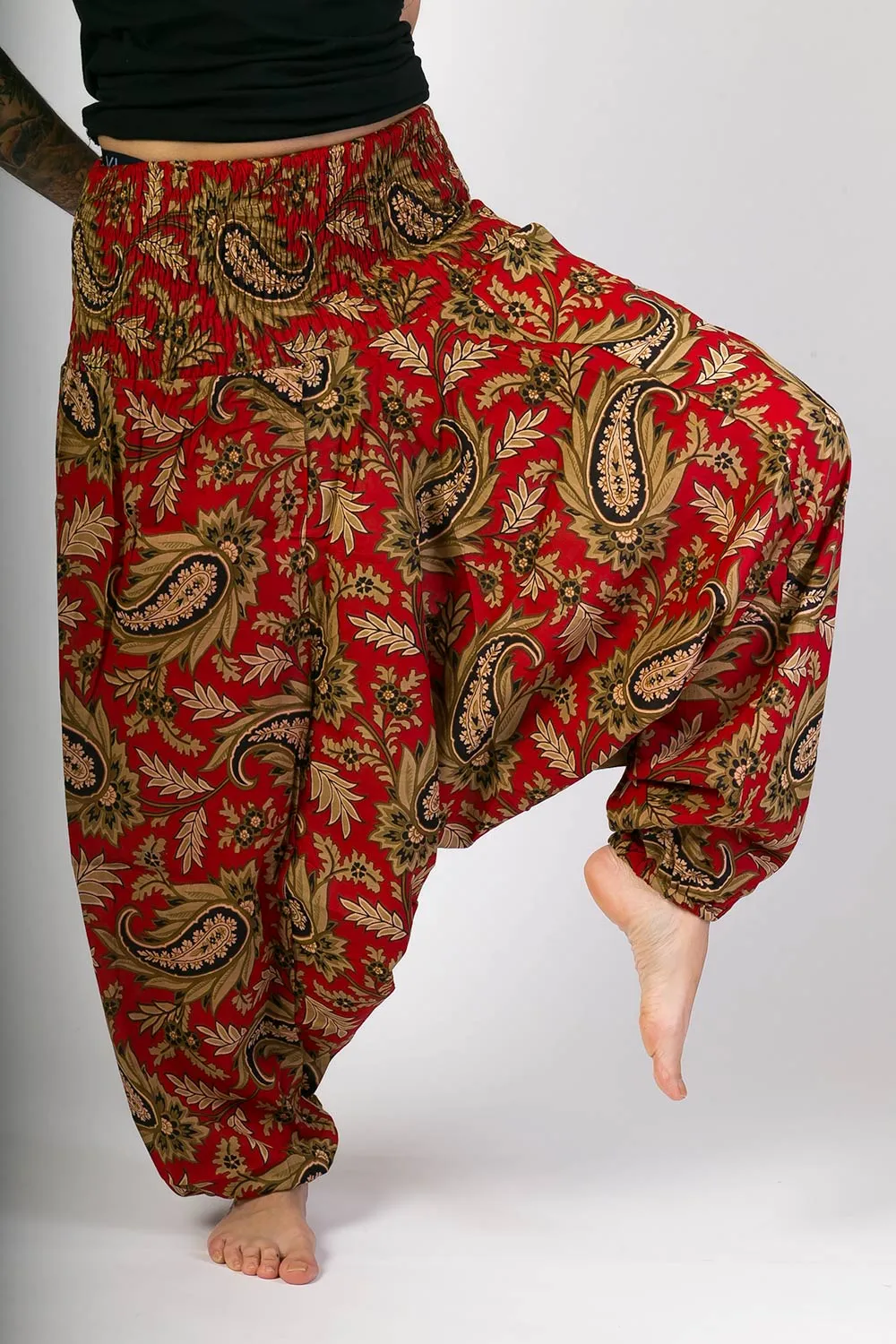 Red Floral Print Cotton Harem Yoga Jumpsuit Pants