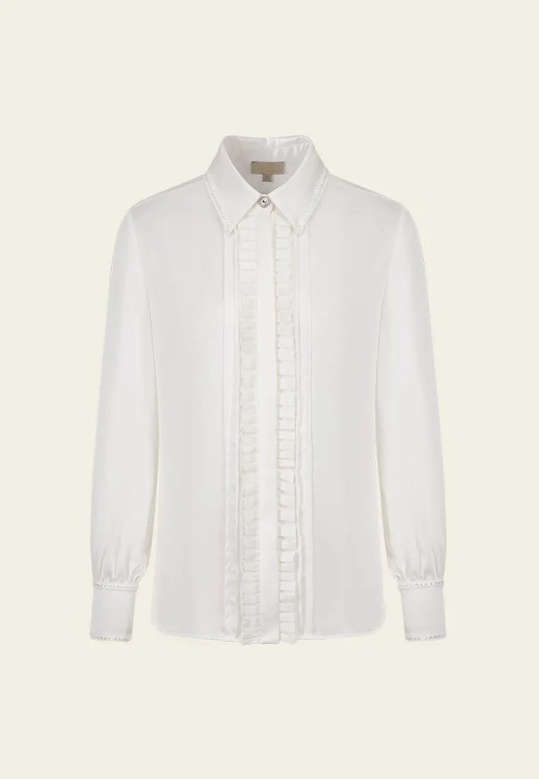 Ruffle-detail Lace-trim Crystal Button Blouse