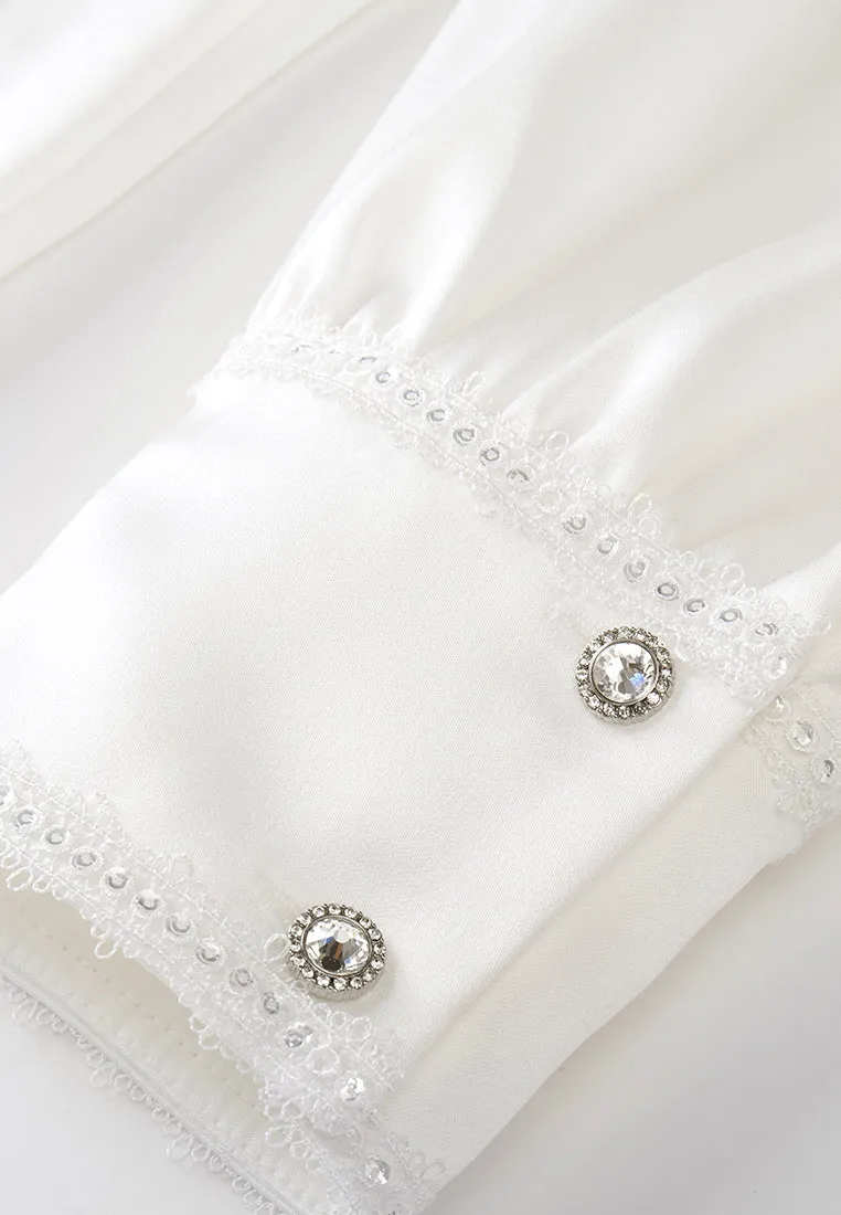 Ruffle-detail Lace-trim Crystal Button Blouse