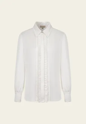 Ruffle-detail Lace-trim Crystal Button Blouse