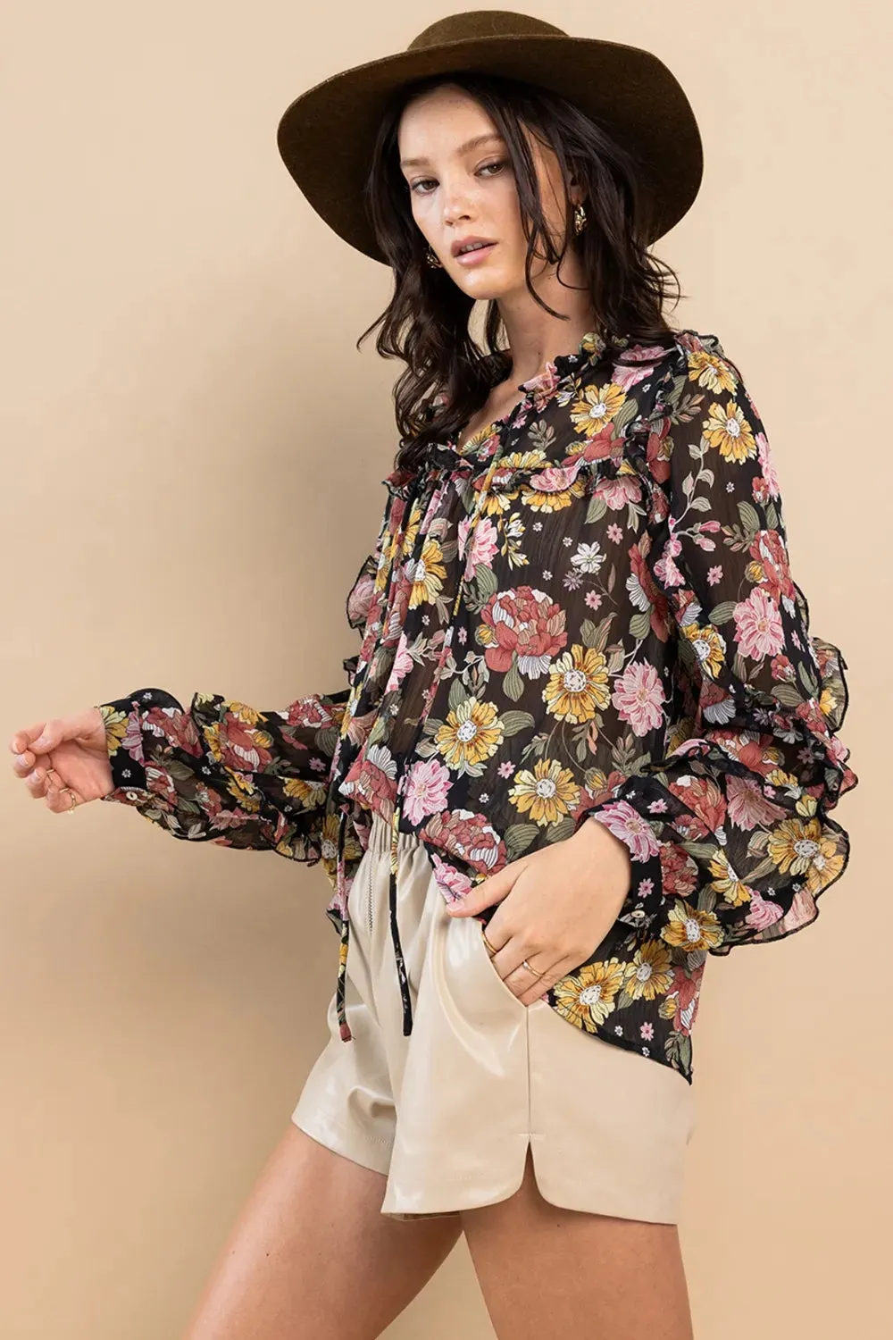 Ruffle Trim Long Sleeve Floral Blouse