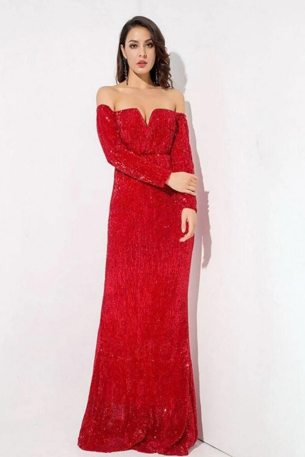 Sequin Long Sleeve Off Shoulder Mermaid Maxi Dress - Red