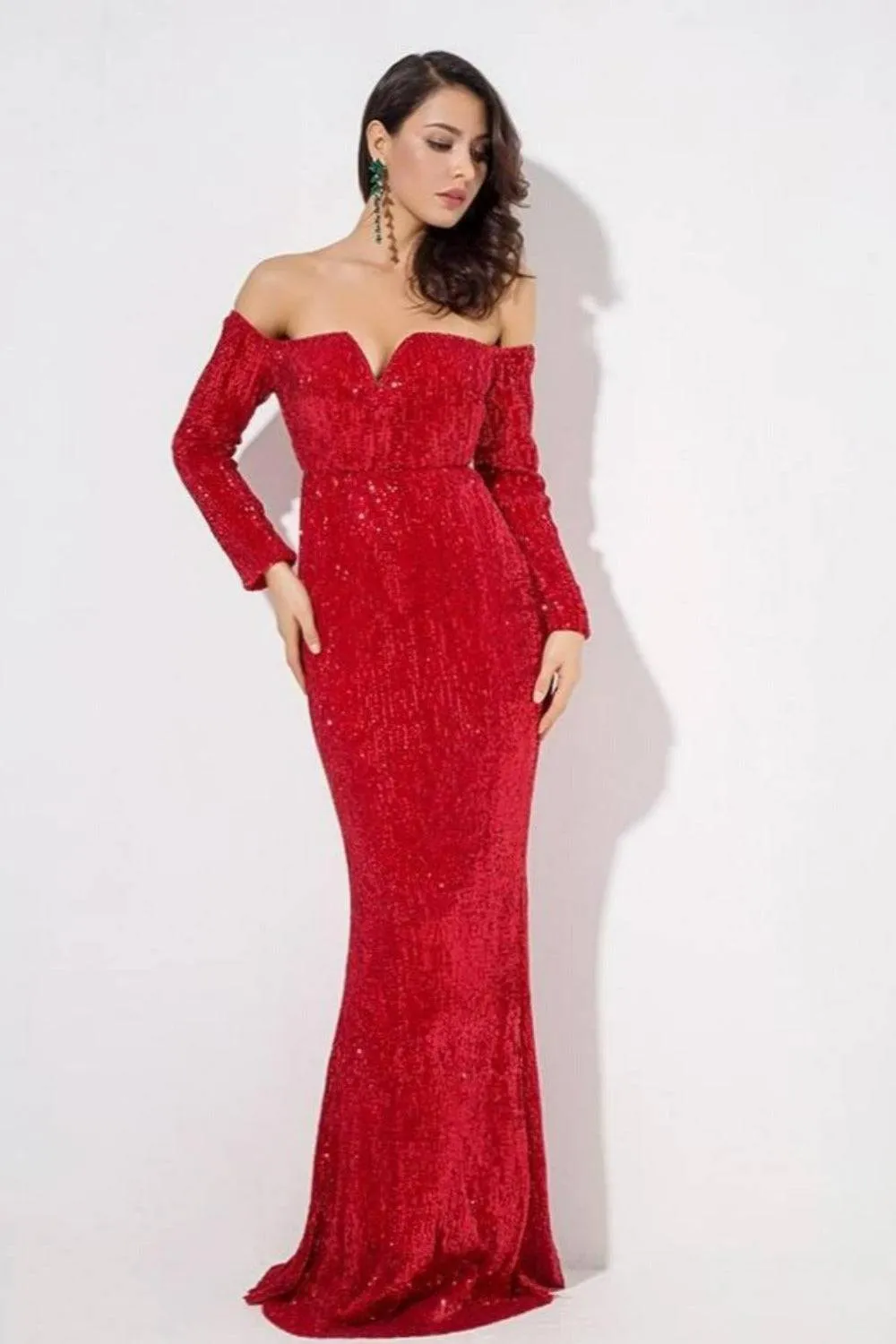 Sequin Long Sleeve Off Shoulder Mermaid Maxi Dress - Red