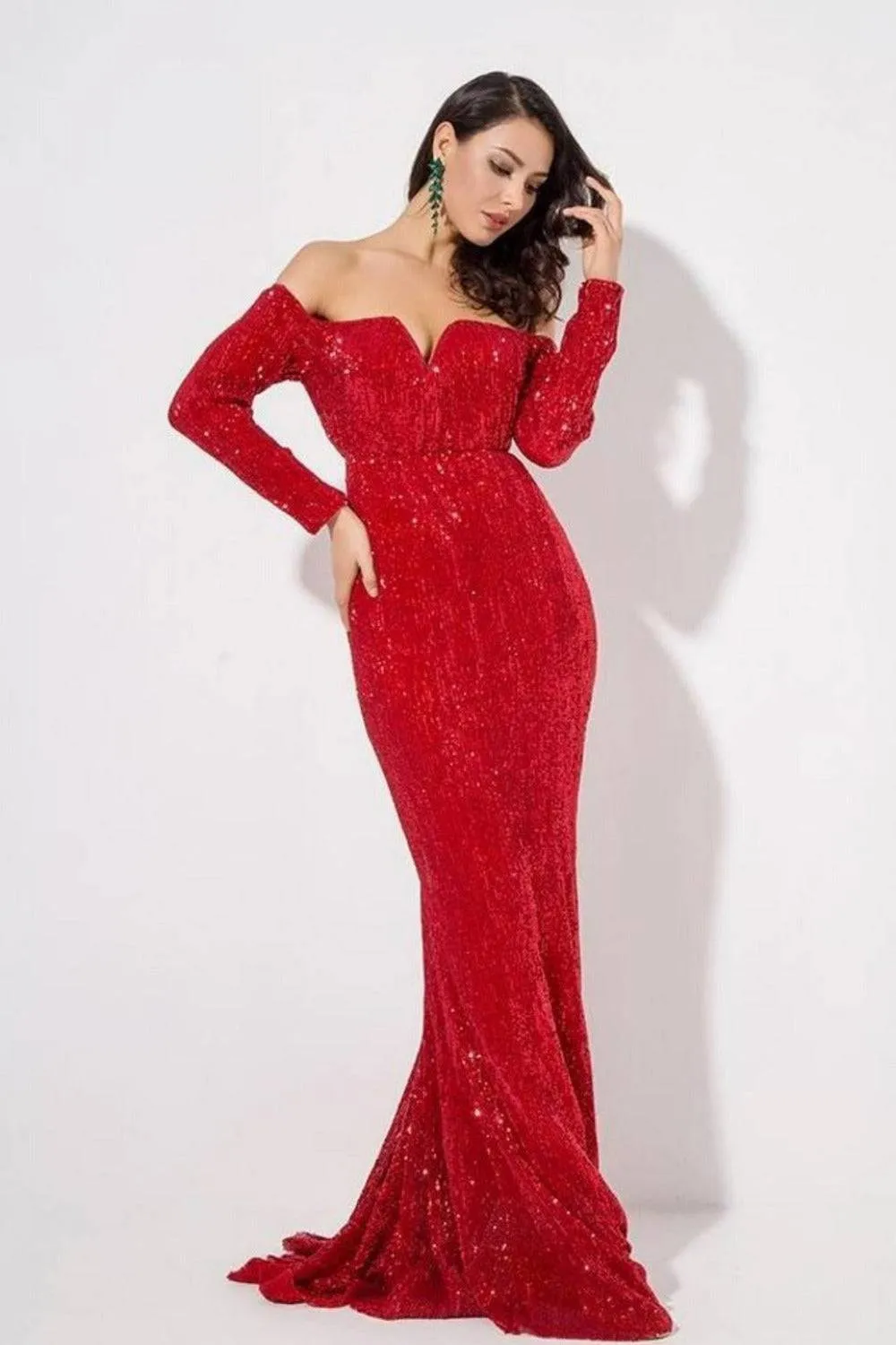 Sequin Long Sleeve Off Shoulder Mermaid Maxi Dress - Red