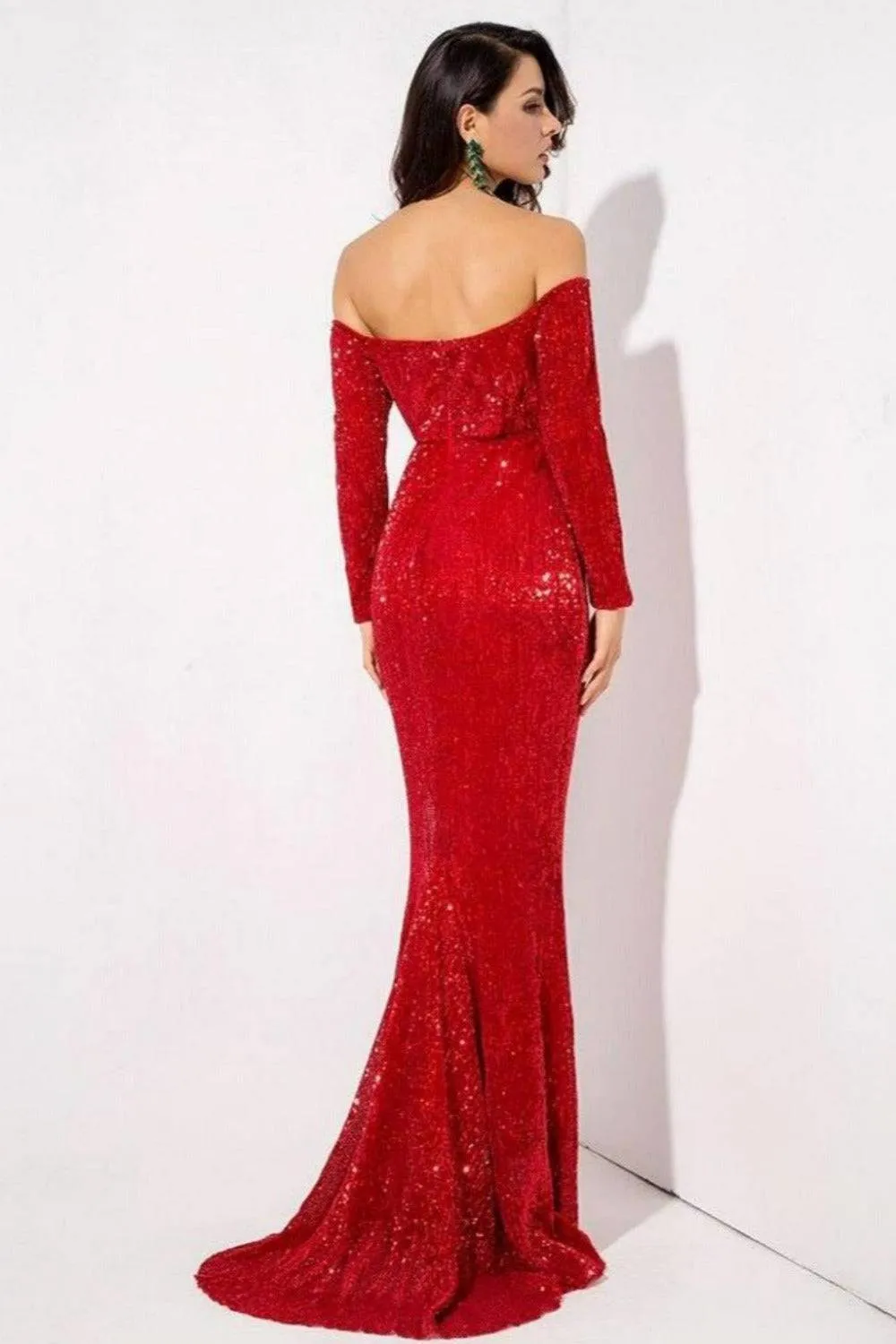 Sequin Long Sleeve Off Shoulder Mermaid Maxi Dress - Red