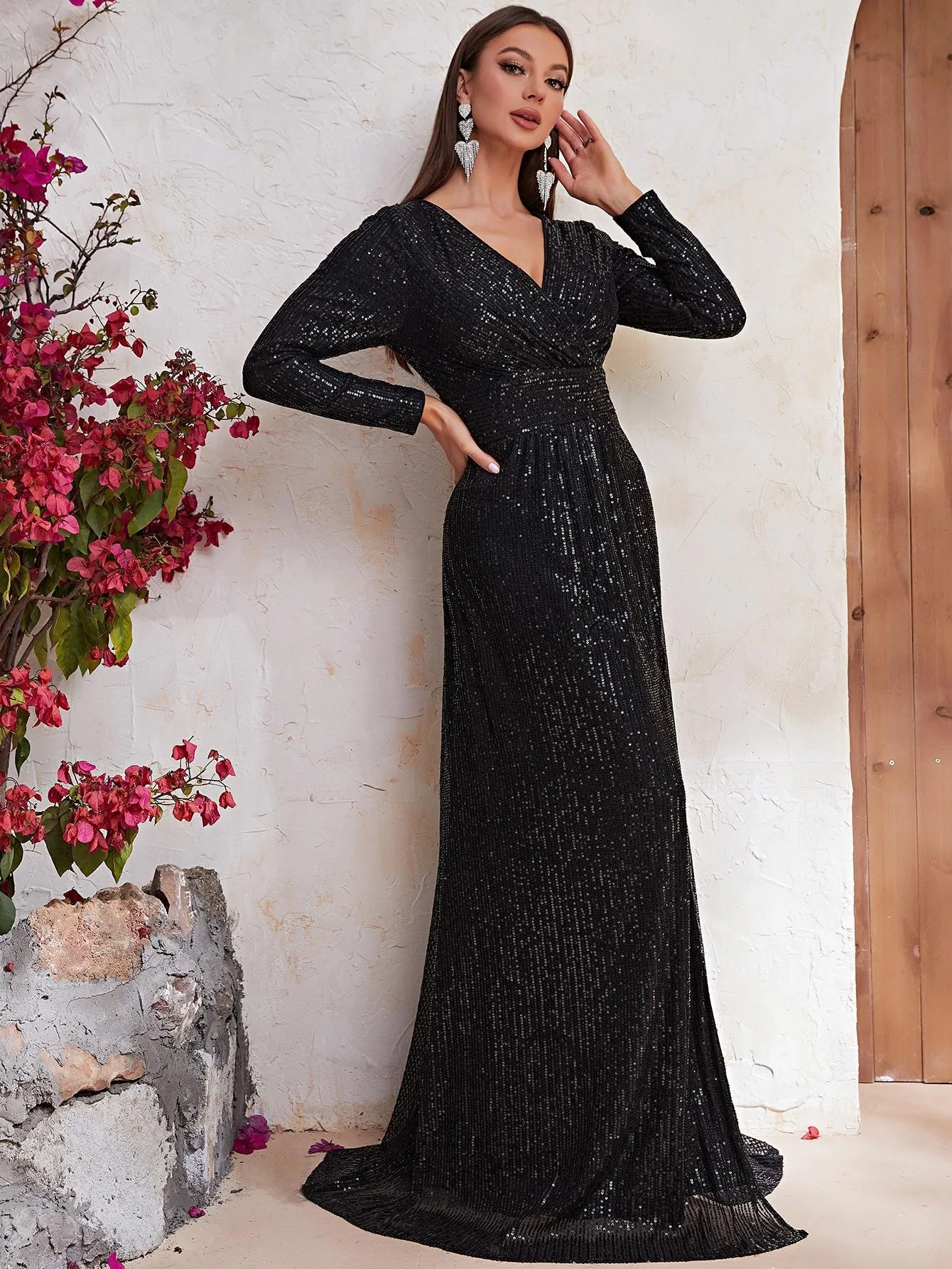 Sequin V Neck Long Sleeve Prom Evening Dress