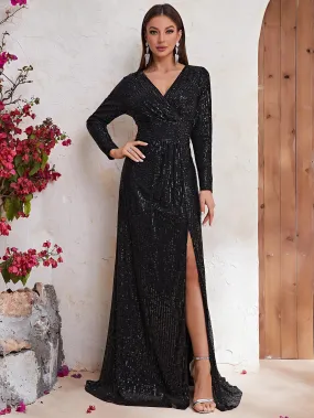 Sequin V Neck Long Sleeve Prom Evening Dress