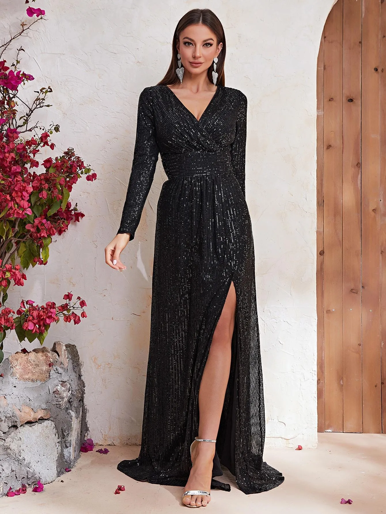 Sequin V Neck Long Sleeve Prom Evening Dress