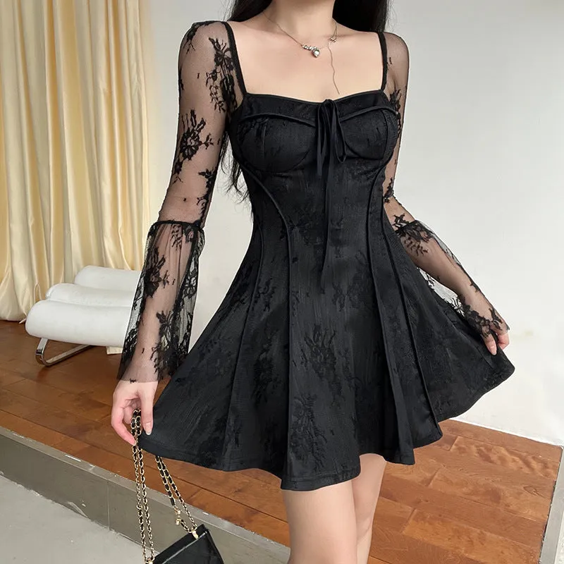 Slim lace trumpet A-swing dress