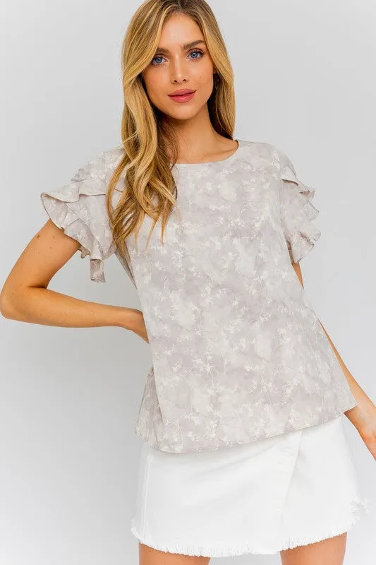 S/S Overlap Ruffle Sleeve Ditsy Print Top