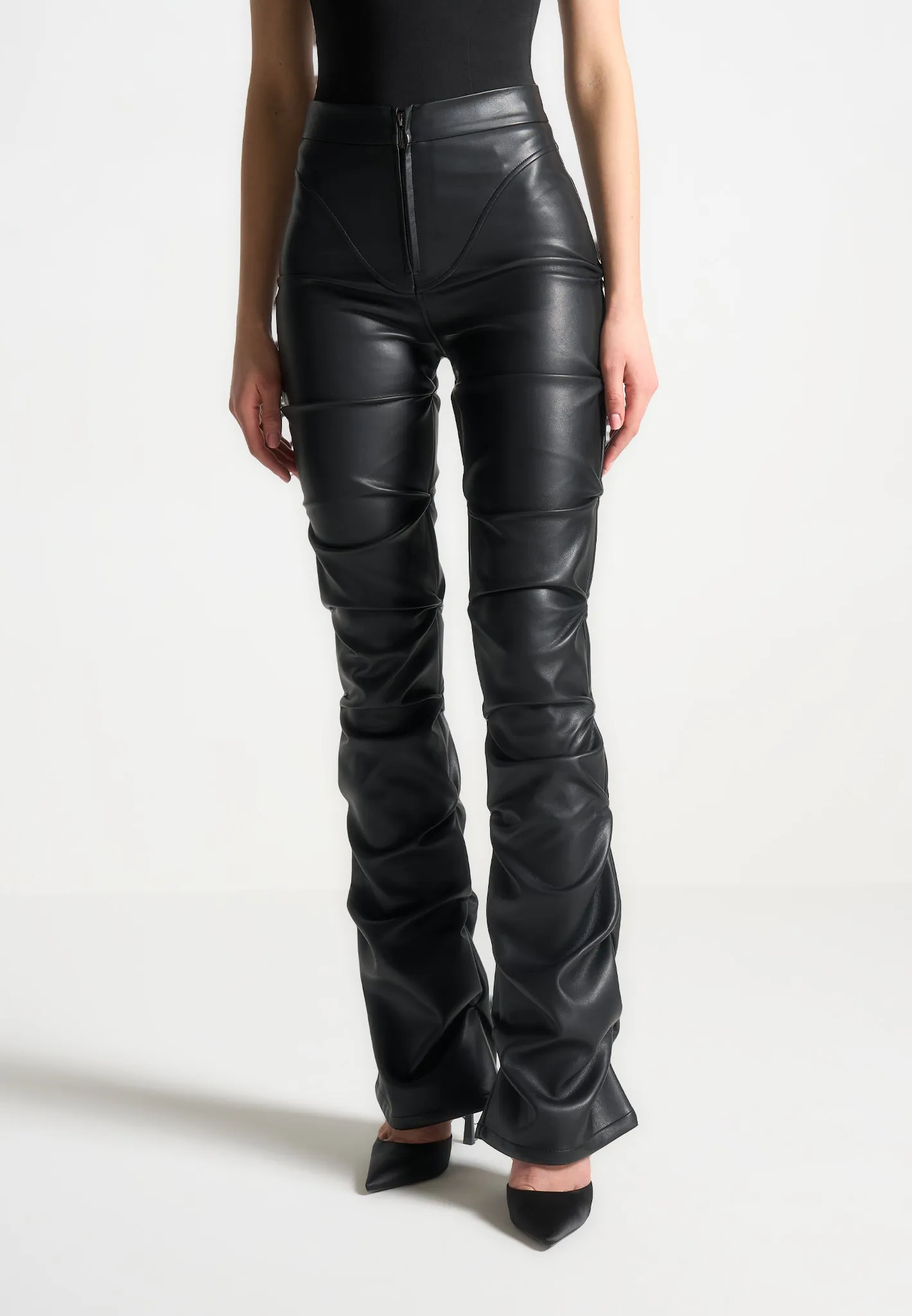 Tacked Leather Flared Trousers - Black