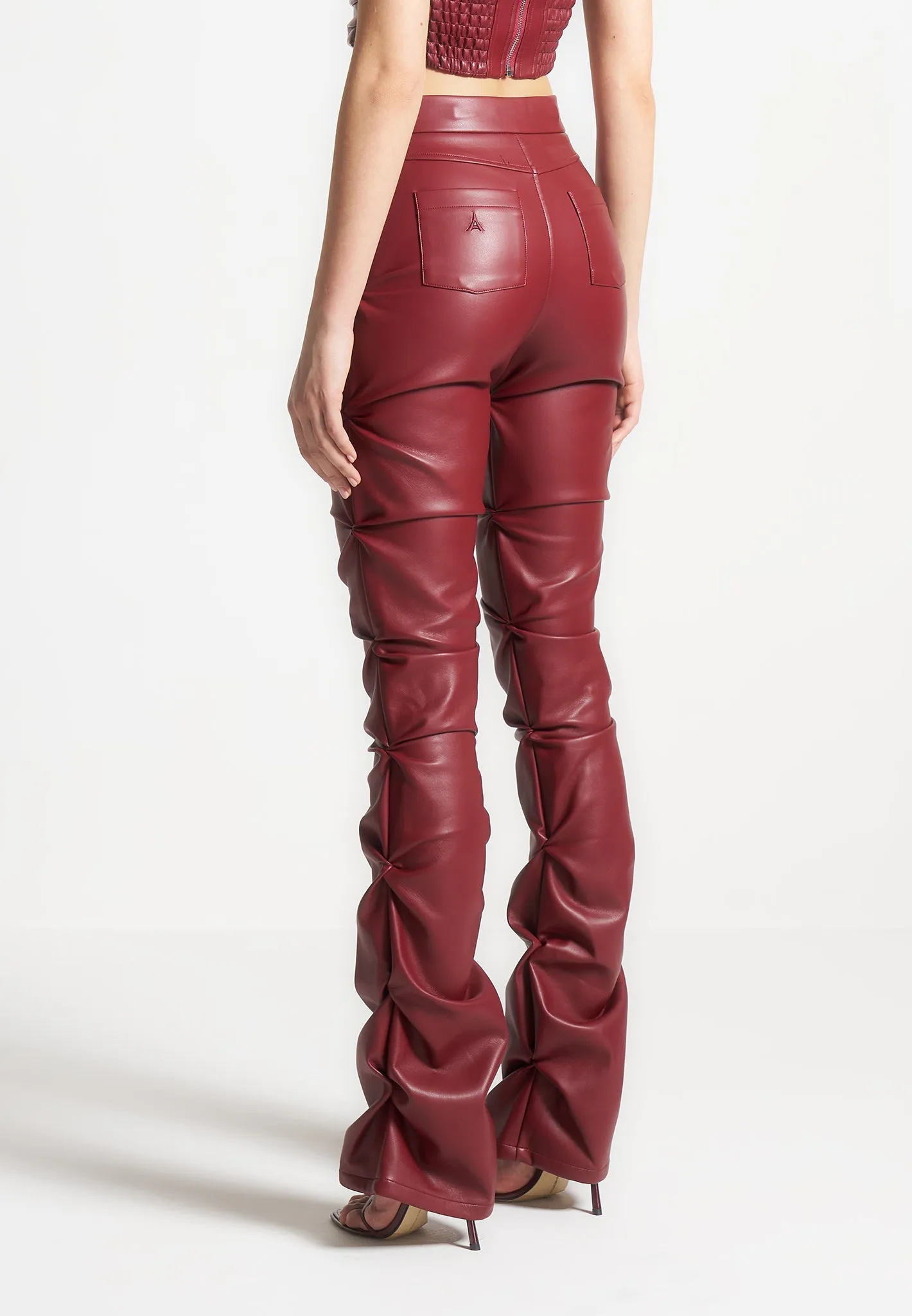 Tacked Leather Flared Trousers - Wine Red