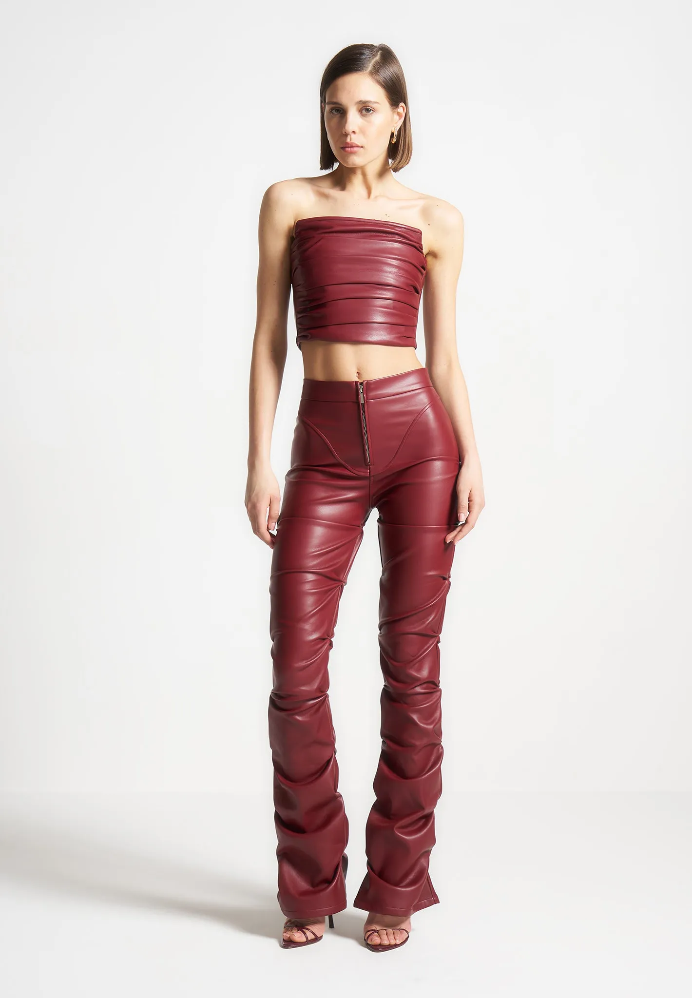 Tacked Leather Flared Trousers - Wine Red