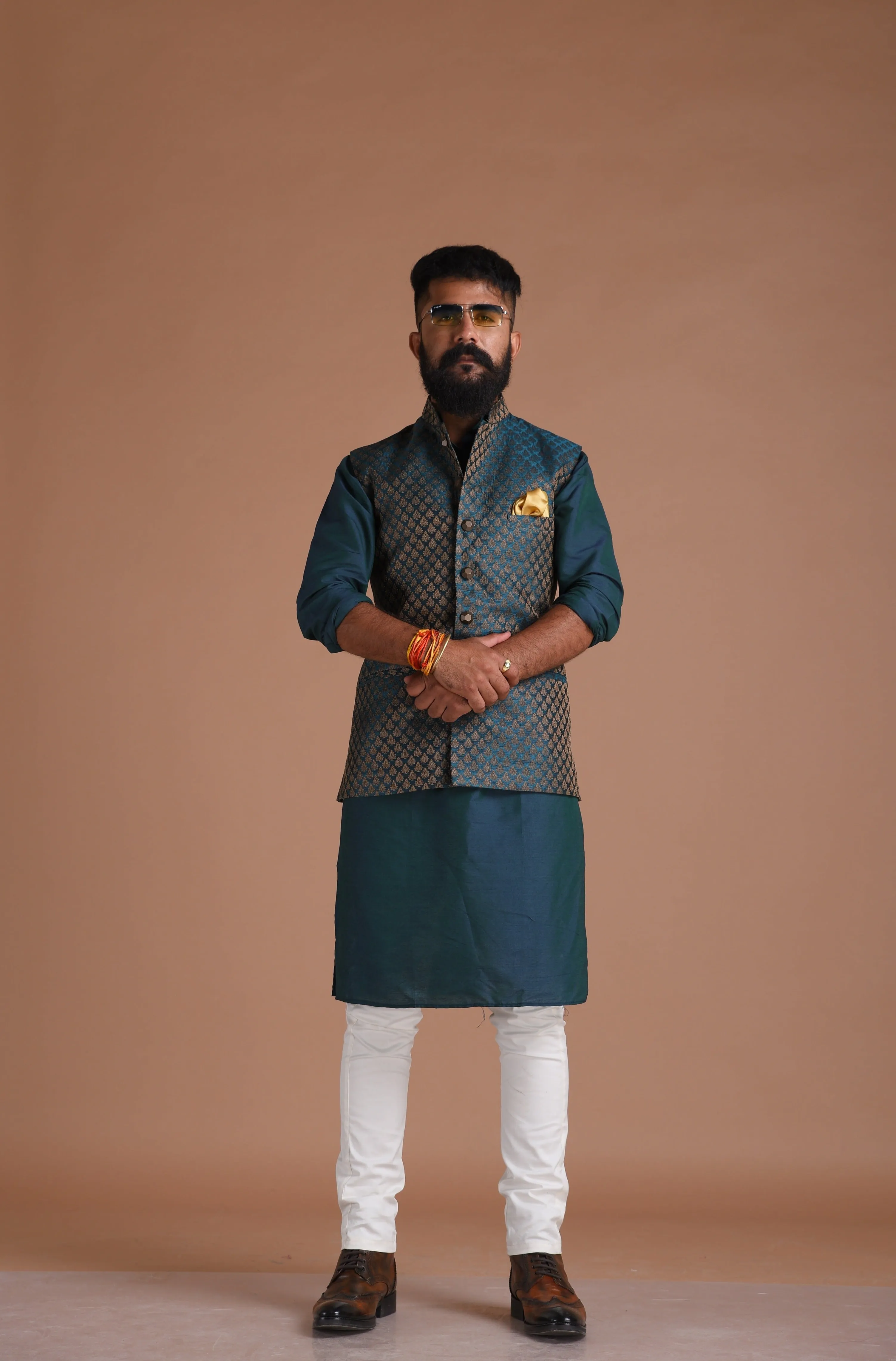 Traditional Teal Green Booti Pattern Banarasi Brocade Nehru Jacket With Silk Kurta Pajama Set | Free Personalisation Handmade | Wedding Functions