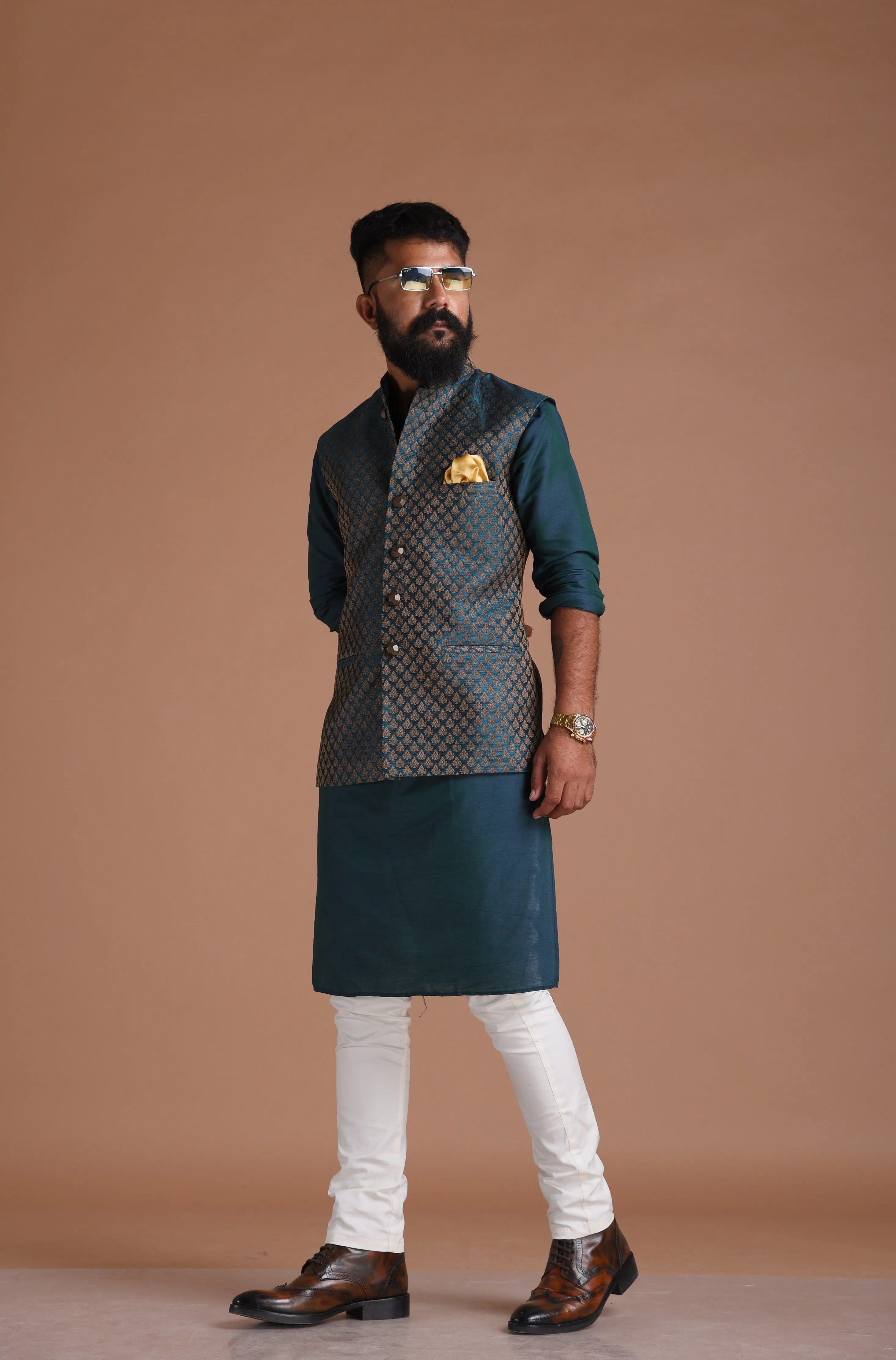 Traditional Teal Green Booti Pattern Banarasi Brocade Nehru Jacket With Silk Kurta Pajama Set | Free Personalisation Handmade | Wedding Functions