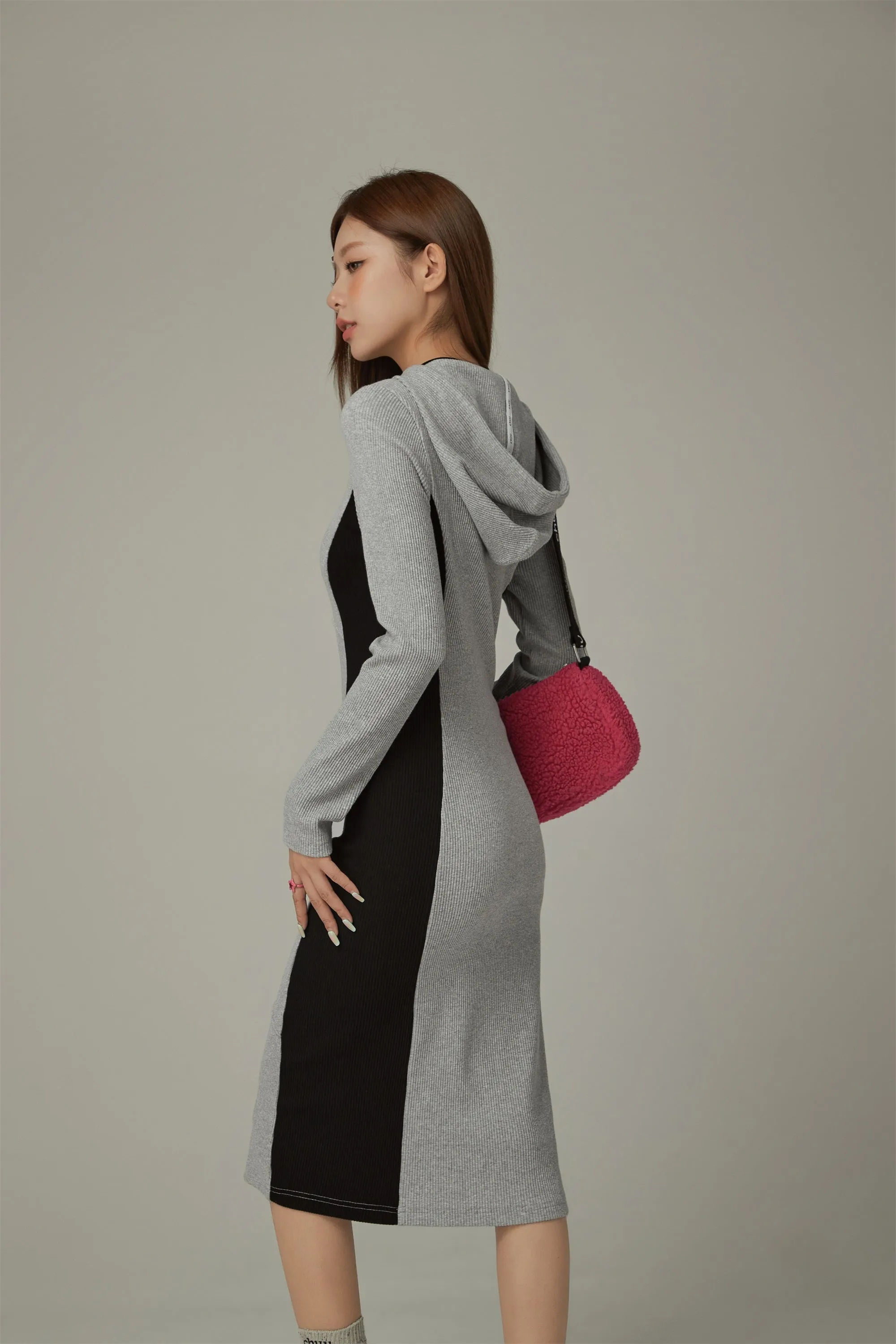 Two Toned Slim Hooded Long Dress