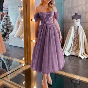 Women Retro Dress Fashion New Short Sleeve Solid Mid Length Dress Sexy Off Shoulder Purple Party Dress