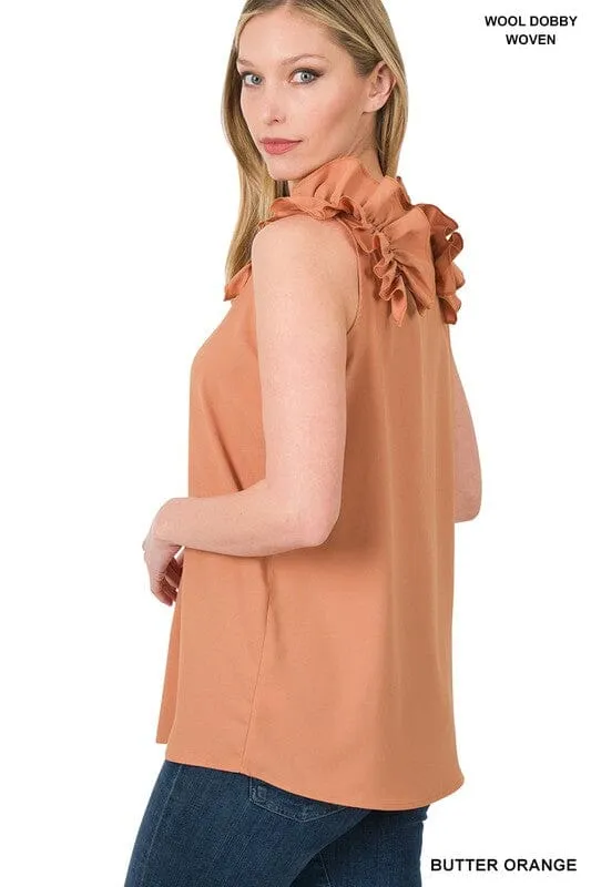 WOVEN WOOL DOBBY RUFFLE TRIM SLEEVELESS TOP