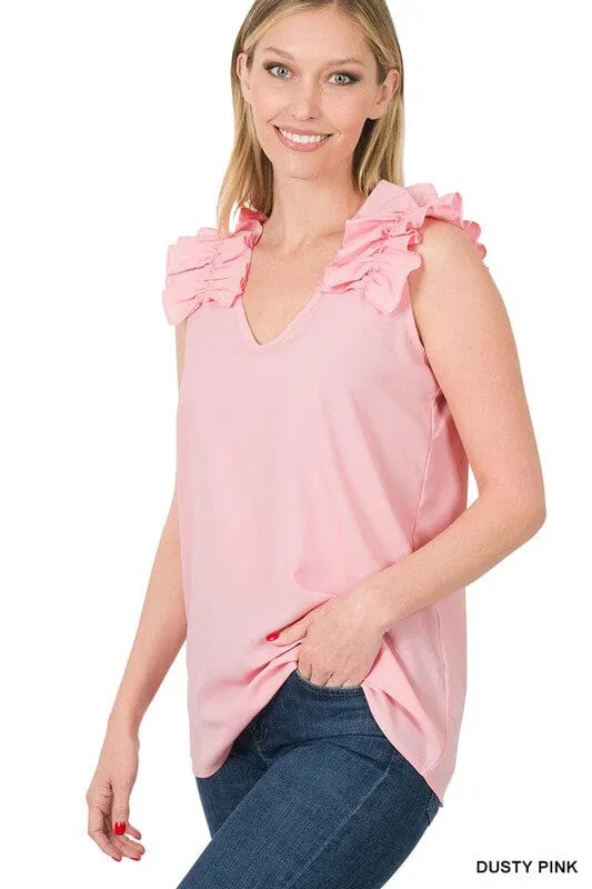 WOVEN WOOL DOBBY RUFFLE TRIM SLEEVELESS TOP